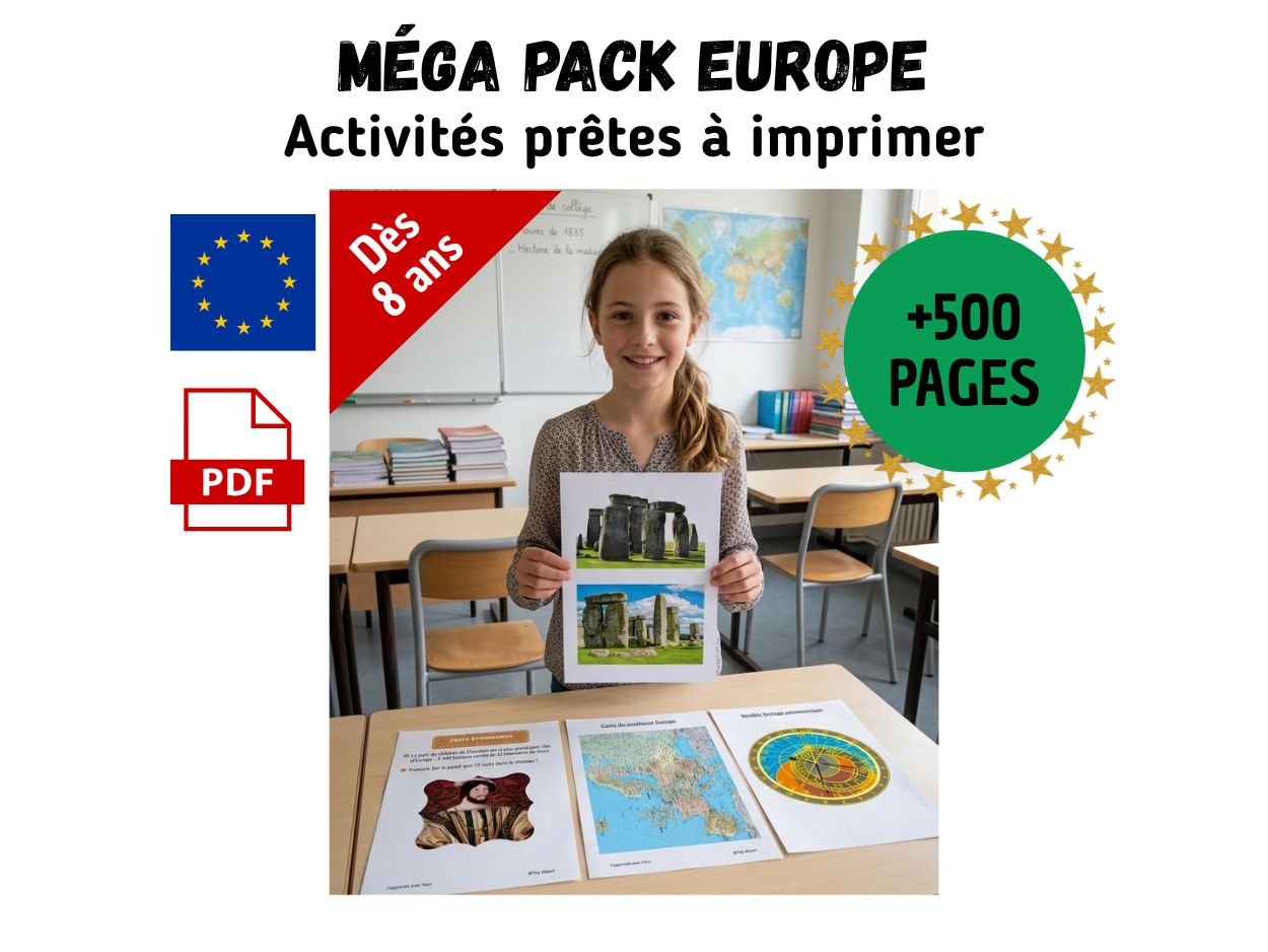 Jeune fille souriante dans une salle de classe présentant des fiches pédagogiques sur l'Europe et Stonehenge, avec mention "Méga Pack Europe +500 pages".