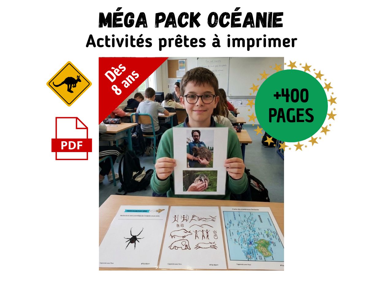 Un écolier tenant une fiche sur le kiwi dans une salle de classe, avec devant lui des feuilles d'activités sur l'Océanie et une carte du continent.