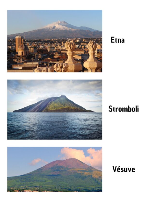 activités maternelle à imprimer avec des photos des volcans de l'Etna, Stromboli et Vésuve pour découvrir le continent Europe
