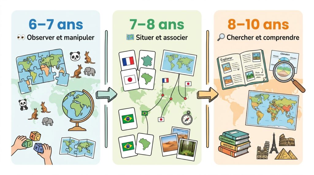 Infographie en 3 étapes présentant des activités de découverte du monde par âge : observer et manipuler à 6-7 ans, situer et associer à 7-8 ans, chercher et comprendre à 8-10 ans.