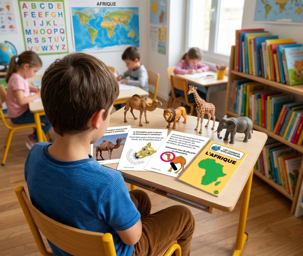 Un enfant de dos dans une classe regarde des fiches pédagogiques sur le dromedaire et le carnet 'L'Afrique' de Cahiers Ludiques. Sur sa table sont posées des figurines réalistes de dromadaire, lion, girafe et éléphant. En arrière-plan, d'autres élèves et des cartes murales.