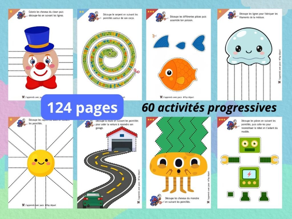 Aperçu de huit fiches du cahier de découpage maternelle parmi plus de 100 pages d'activités progressives