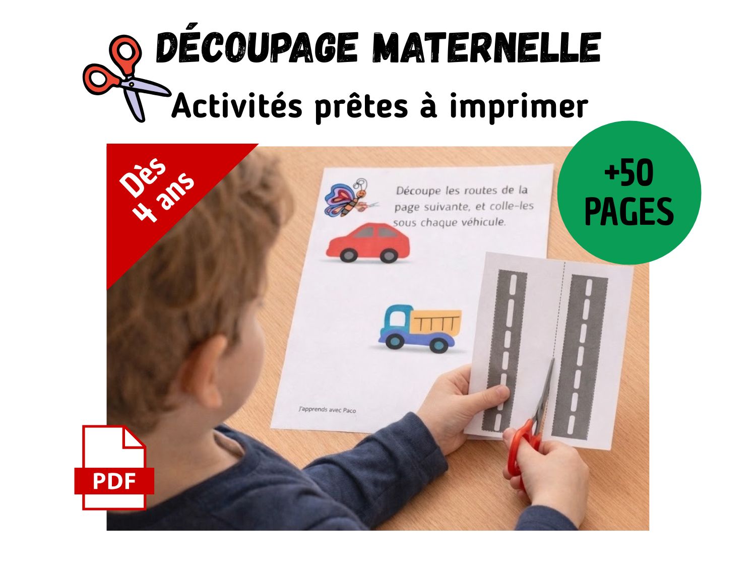 Enfant de 4 ans pratiquant le découpage avec des ciseaux sur une fiche pédagogique illustrée de voitures et de routes.