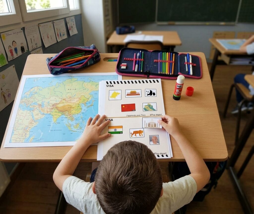 Vue de dessus d'un enfant assis à un pupitre d'école, collant une image du Taj Mahal sur sa fiche d'activité sur l'Inde, à côté d'une carte du monde.