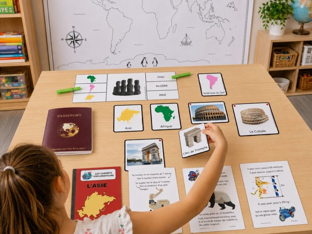 Matériel pédagogique posé sur une table pour un projet Tour du Monde avec des enfants : cartes des continents, passeport d'explorateur, monuments comme l'Arc de Triomphe et le Colisée, et fiches sur les animaux.