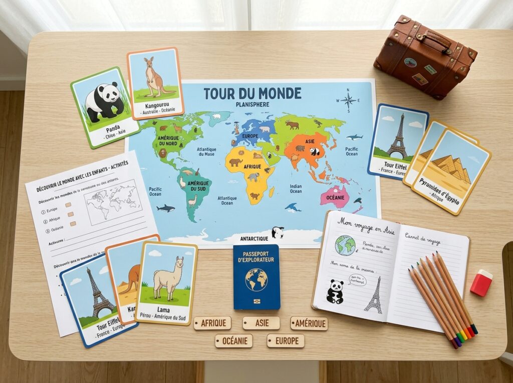 Matériel pédagogique pour projet Tour du Monde avec enfants : planisphère, passeport, carnet de voyage et cartes.