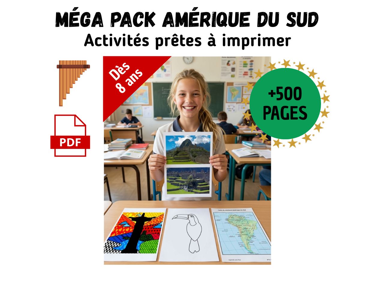 Jeune fille souriante dans une salle de classe montrant une fiche pédagogique du Machu Picchu issue du pack Amérique du Sud.