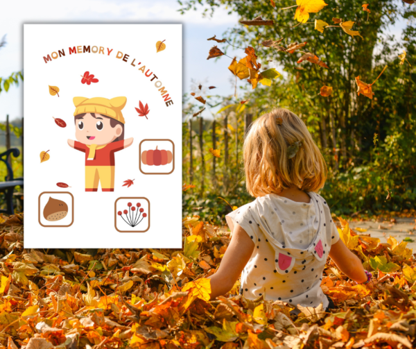 enfant qui joue dans les feuilles d'automne avec un memory