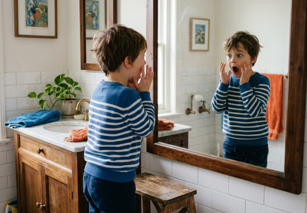 Un jeune garçon en pull à rayures bleues et blanches se regarde dans le miroir d'une salle de bain avec une expression de surprise intense, la bouche grande ouverte.