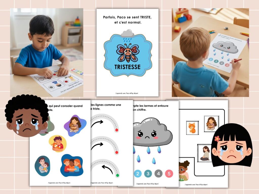 Enfants réalisant des exercices sur la tristesse : graphisme, dénombrement de larmes sous un nuage et gommettes. Collection J'apprends avec Paco.