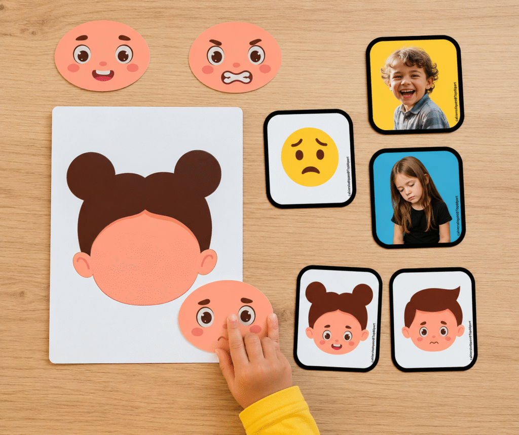 La main d'un enfant manipule un jeu éducatif en carton sur une table en bois pour associer des visages d'émotions (joie, tristesse, colère) à un personnage sans visage.