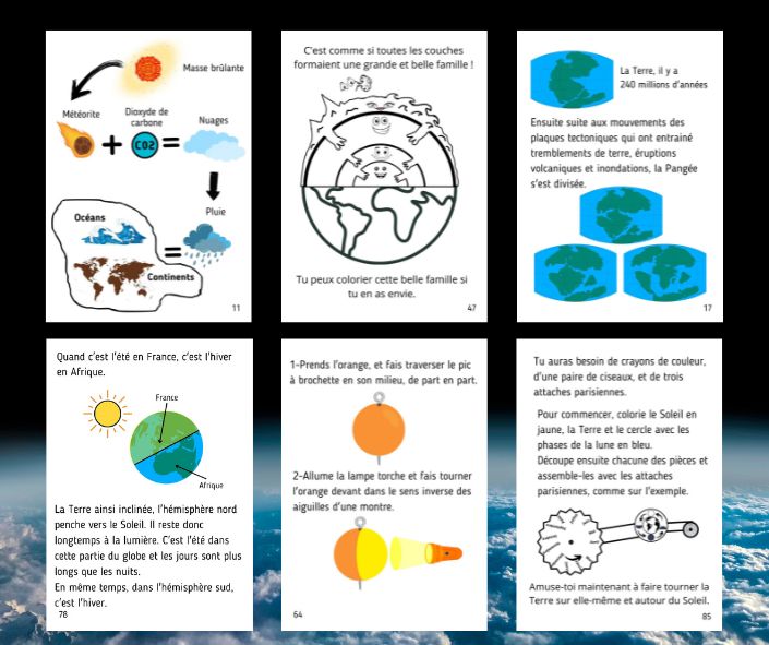 Montage de 6 fiches d'activités sur la formation de la Terre, les saisons, la Pangée et des expériences scientifiques pour enfants.