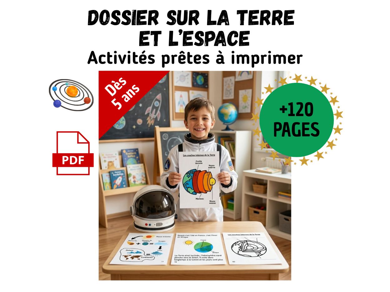 Enfant présentant une fiche sur les couches internes de la Terre. Dossier PDF de plus de 120 pages d'activités sur l'espace pour enfants dès 5 ans.