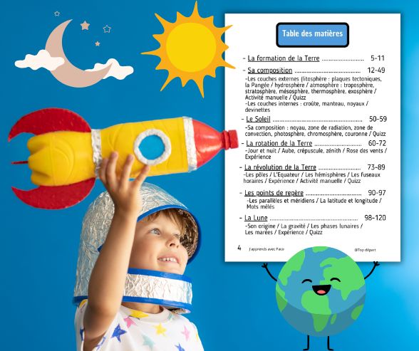 Enfant déguisé en astronaute à côté de la table des matières d'un livret éducatif sur le système solaire, la lune et la géologie.
