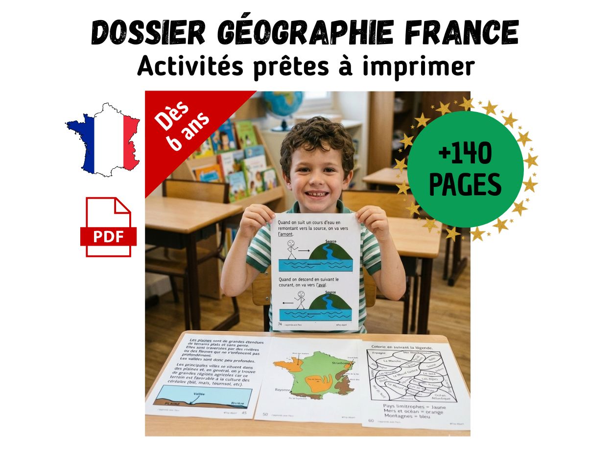 Un jeune garçon en classe présente une fiche d'activité sur le vocabulaire des cours d'eau (amont, aval). Sur la table, d'autres fiches du dossier pédagogique de géographie sur la France (carte des plaines, fleuves et coloriage magique).