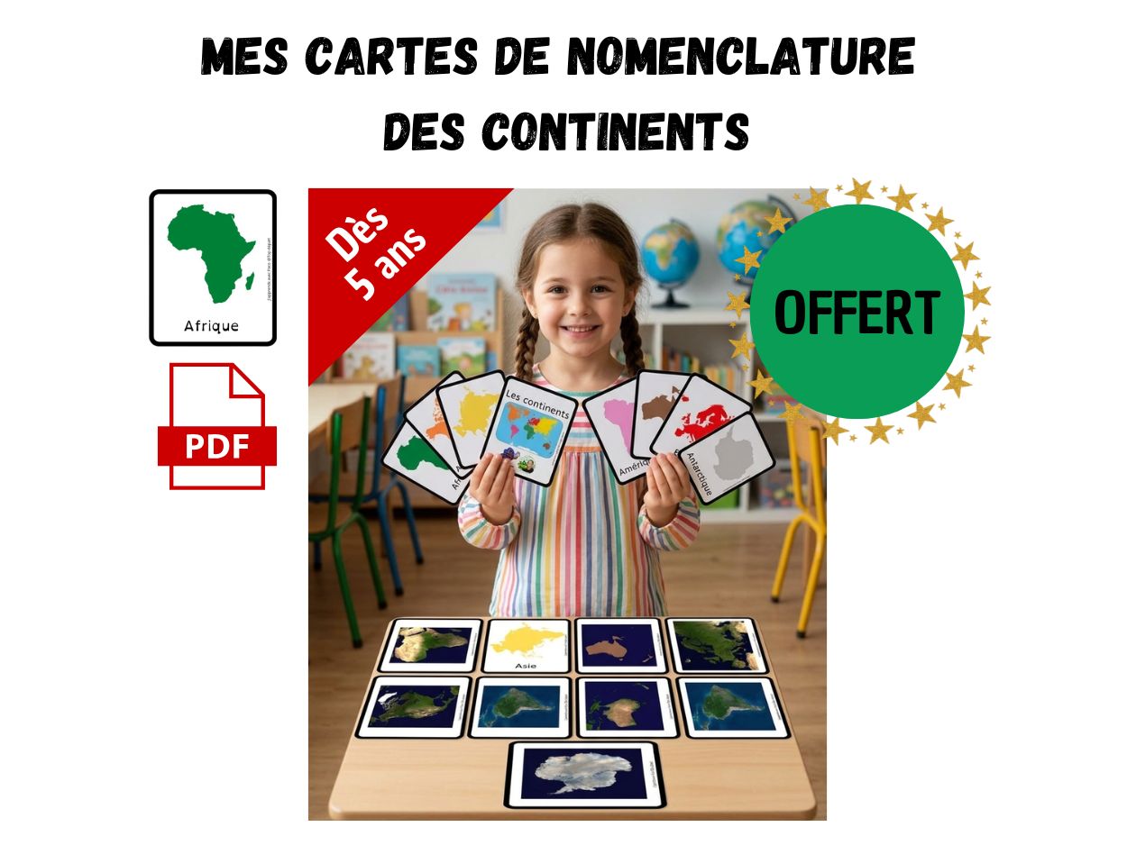 Petite fille présentant des cartes de nomenclature des continents en couleurs et photos satellites dans une salle de classe, matériel pédagogique offert par Top Départ.