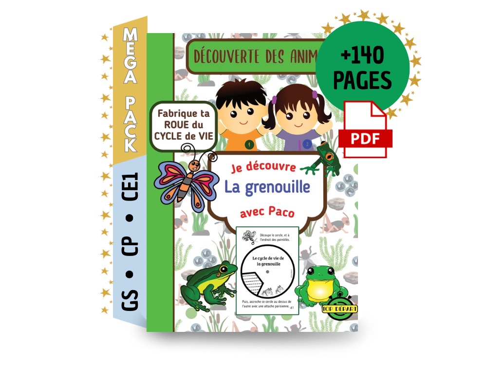 Couverture du pack pédagogique PDF cycle de vie de la grenouille pour classes de GS CP CE1.
