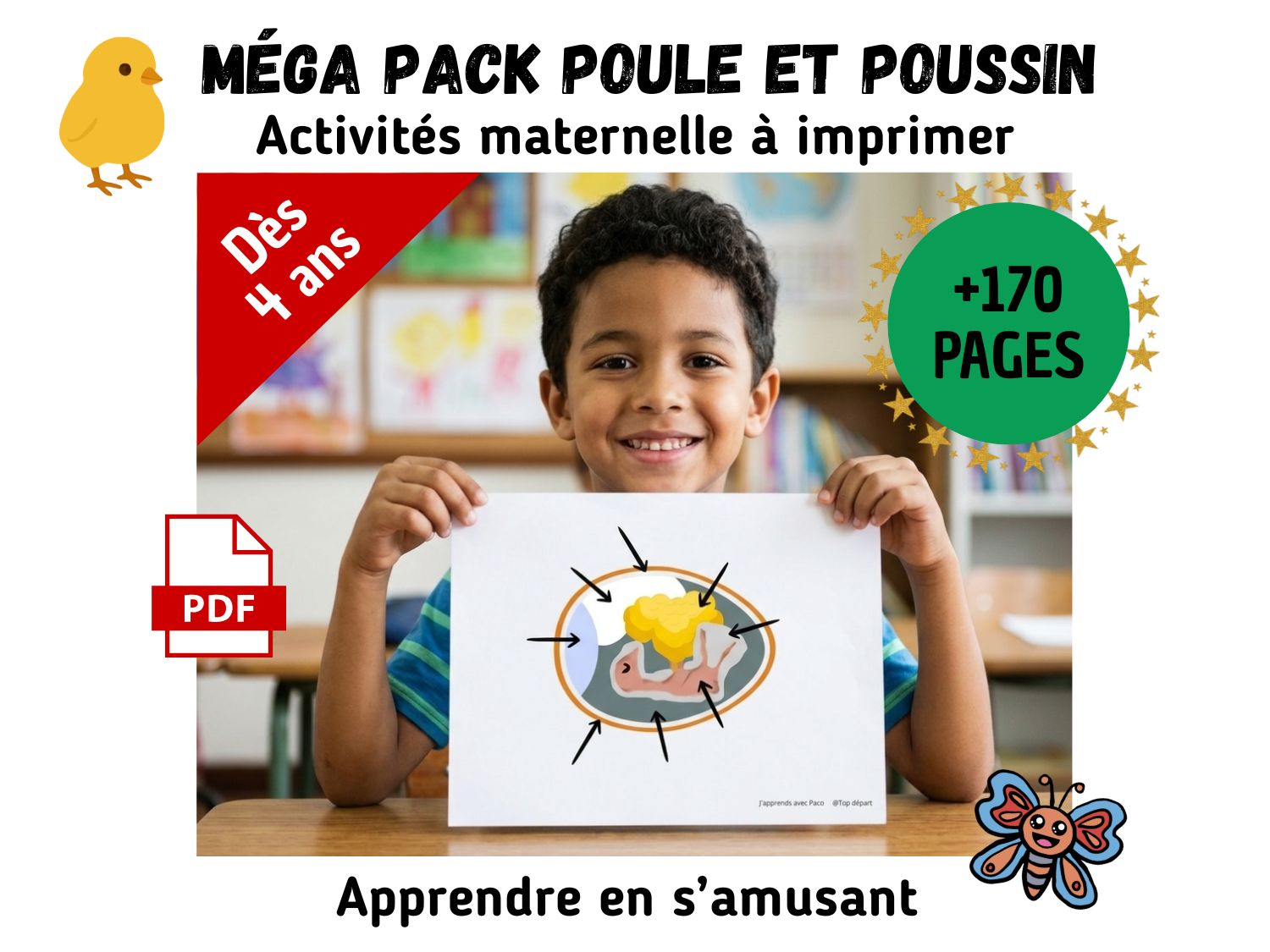 Affiche de couverture pour un pack d'activités pédagogiques PDF sur le thème de la poule et du poussin, montrant un enfant et des pages d'activités sur l'anatomie.