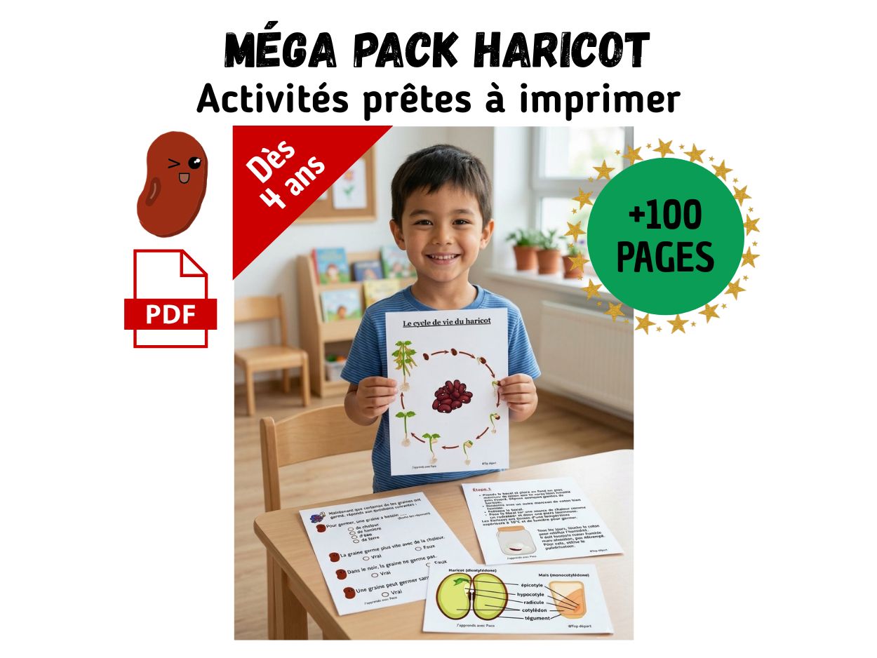 Enfant tenant une fiche pédagogique sur le cycle de vie du haricot, issu d'un pack d'activités scolaires à imprimer pour enfants dès 4 ans.