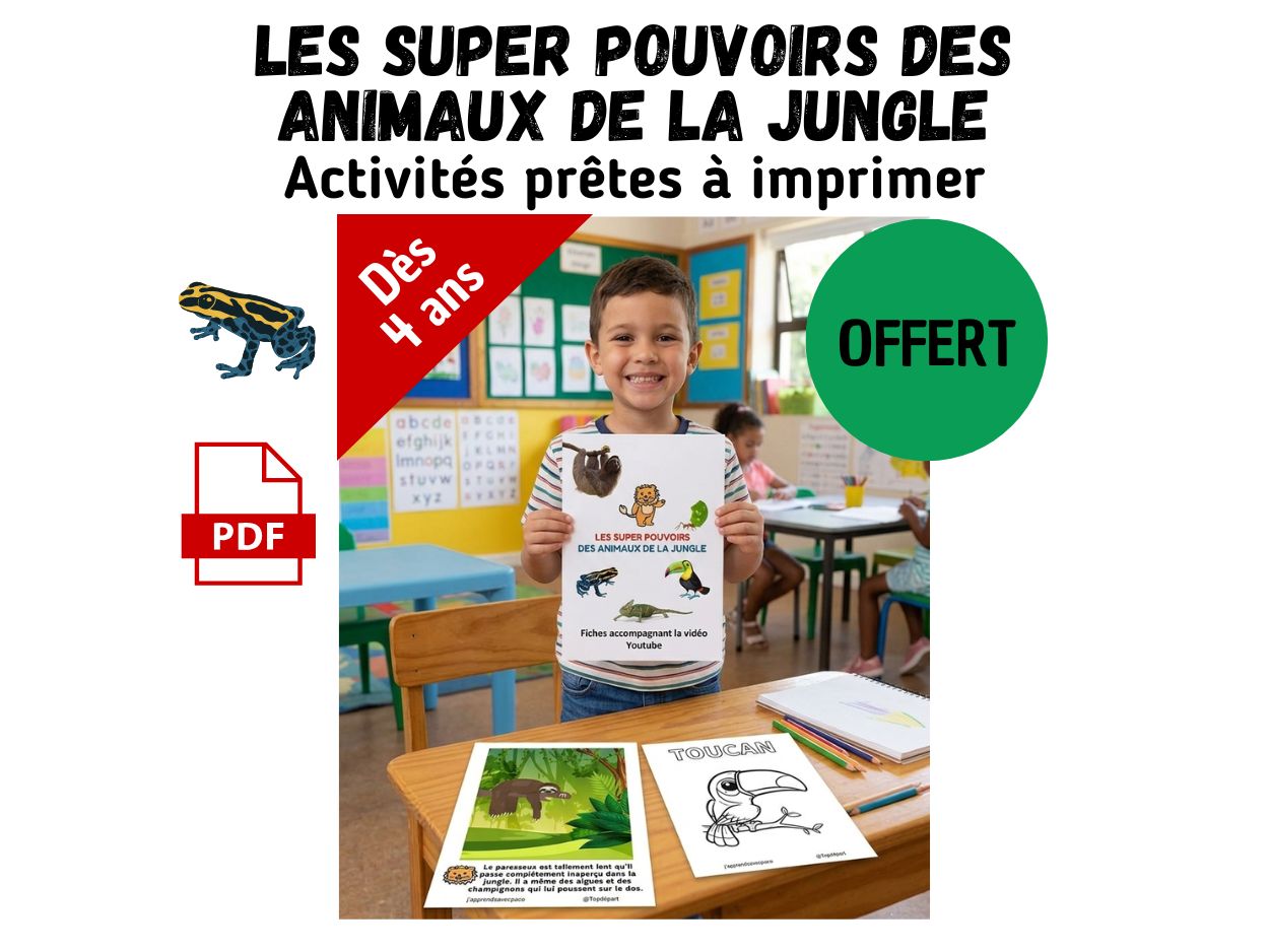 Enfant souriant présentant un dossier pédagogique sur les super-pouvoirs des animaux de la jungle, avec mention "Dès 4 ans" et "Offert".