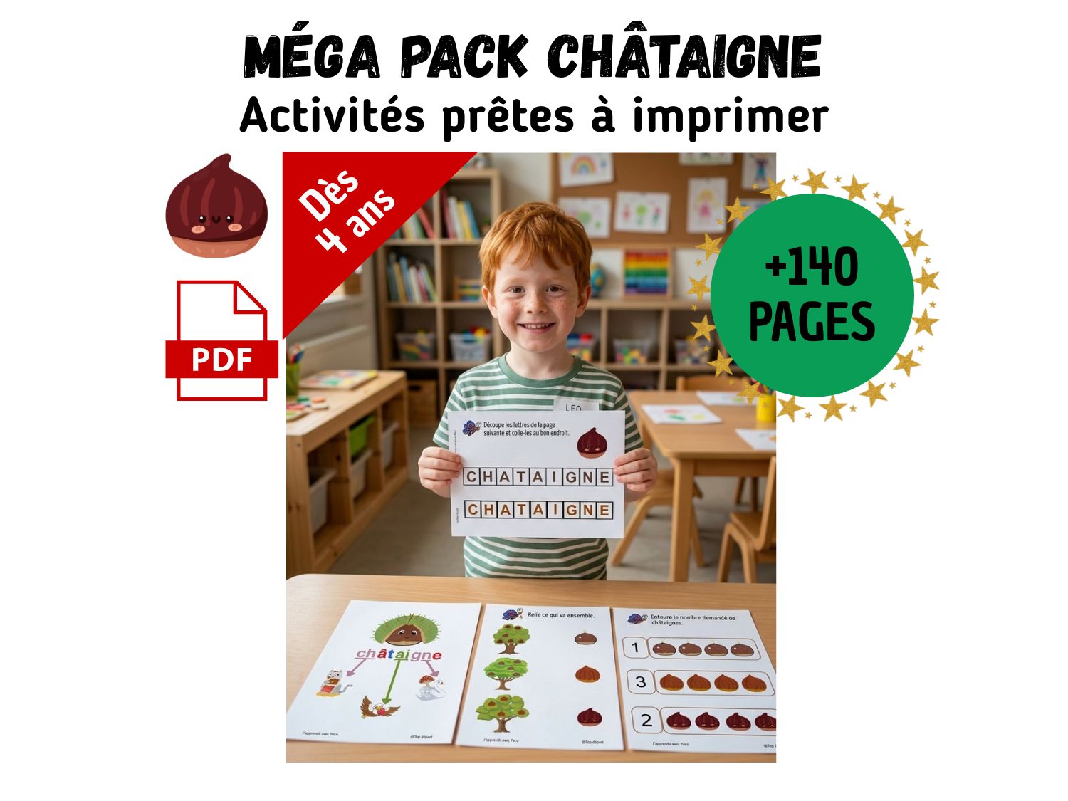 Visuel de présentation du méga pack d'activités pédagogiques sur la châtaigne pour enfants dès 4 ans.