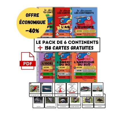 Visuel promotionnel du Pack numérique des 6 continents comprenant 6 livrets pédagogiques (Histoire, Nature, Culture) et 158 cartes de nomenclature gratuites au format PDF.