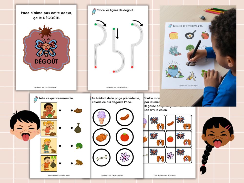 Exercices sur le dégoût : identifier les mauvaises odeurs et tracer des lignes de dégoût avec Paco le papillon.