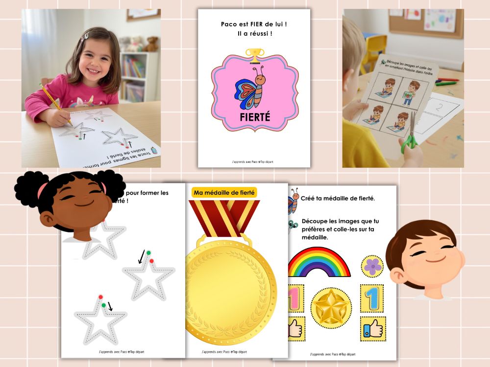 Fiche d'activité sur la fierté avec une médaille à décorer et un dessin de Paco le papillon fier.