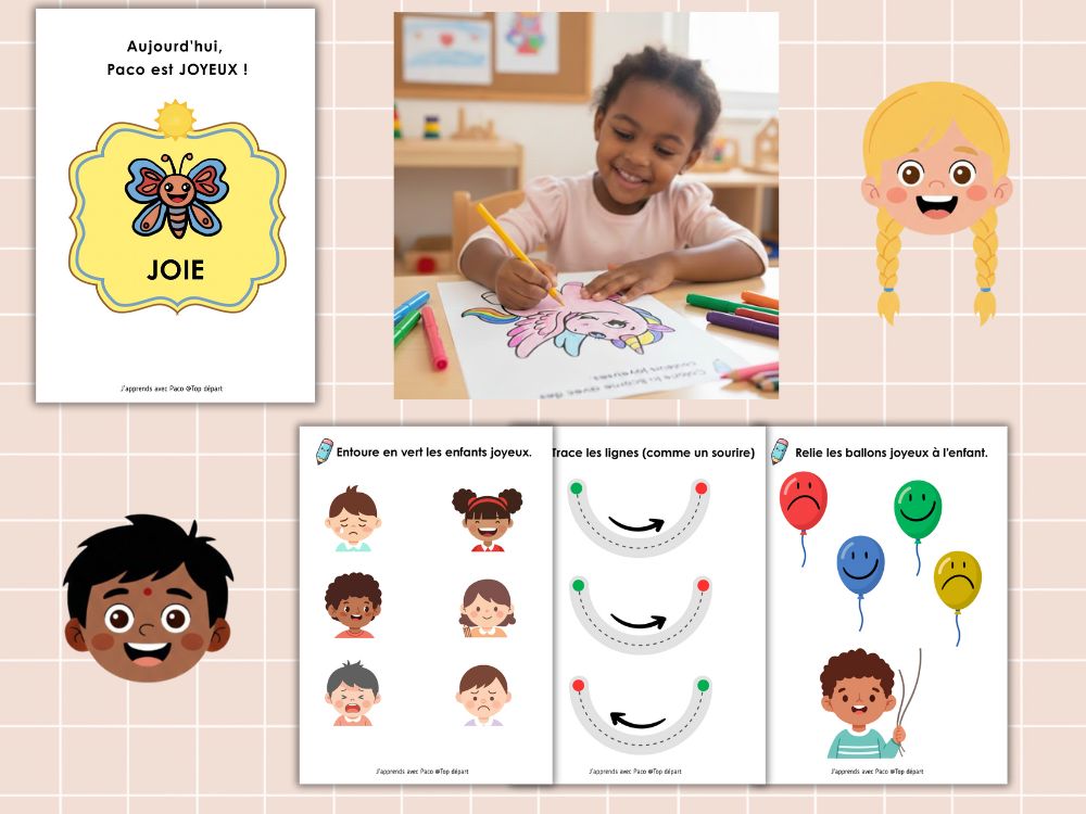 Fiche d'activité sur la joie avec Paco le papillon : graphisme de sourires et tri d'expressions faciales joyeuses.