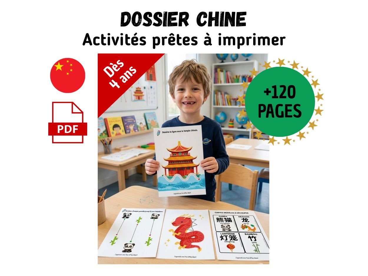 Activités Chine maternelle à imprimer (PS, MS,) – Dossier pédagogique PDF de plus de 120 pages avec jeux, graphisme, loto et memory.