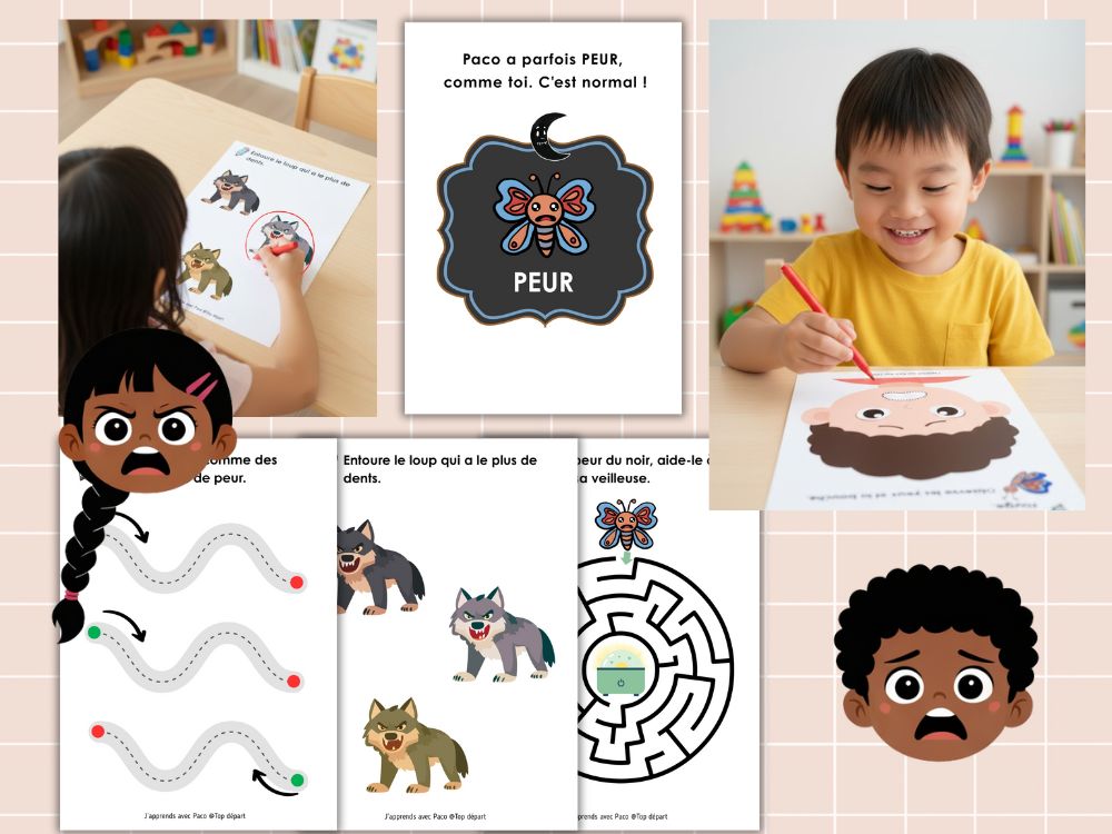 Exercices sur la peur pour enfants : tracer des lignes tremblantes et aider Paco à traverser un labyrinthe.