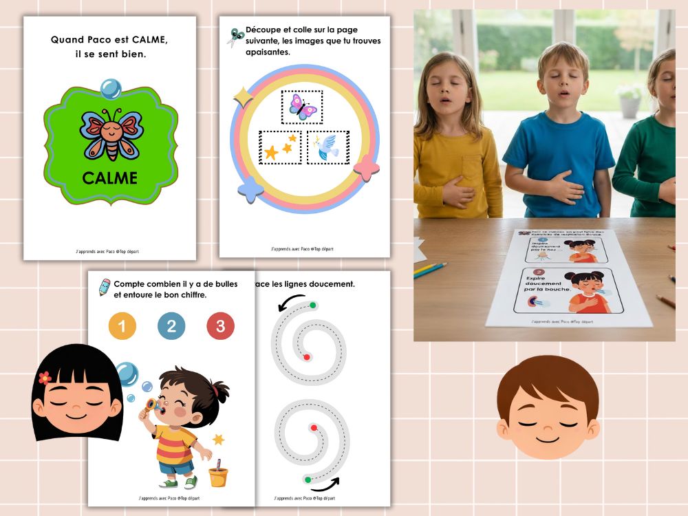 Enfant réalisant une activité de coloriage calme et traçant des vagues douces sur une fiche de Paco le papillon.