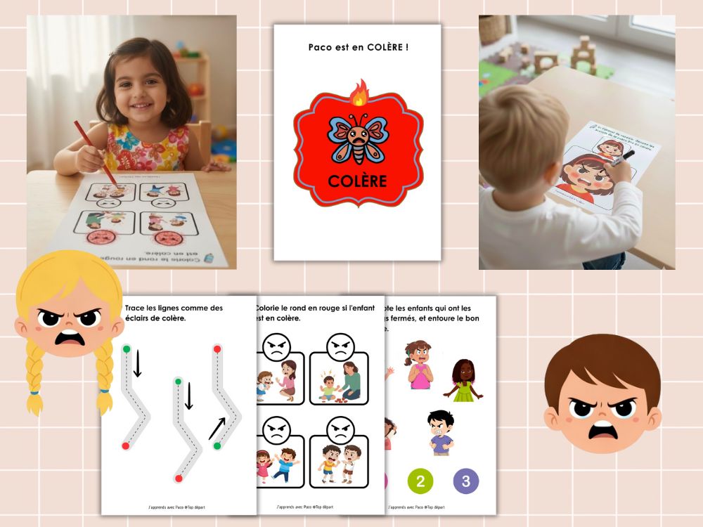 Fiche sur la colère montrant des tracés de lignes brisées comme des éclairs et des mises en situation pour enfants.