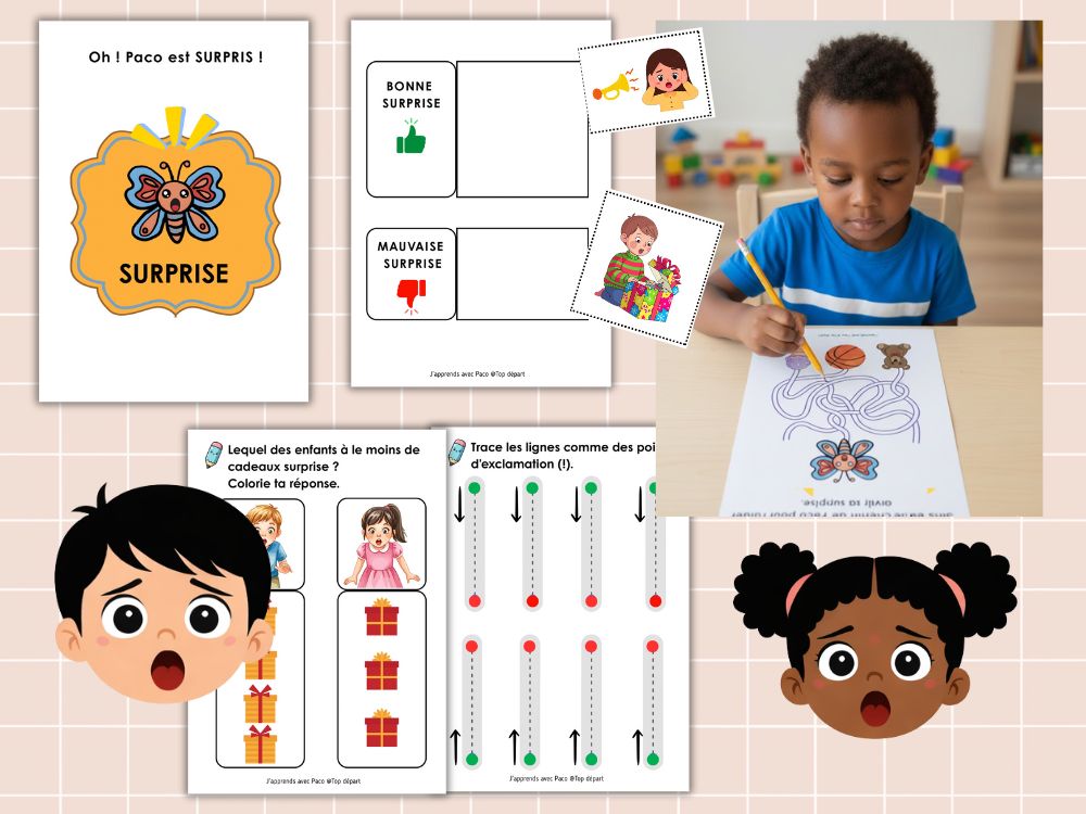 Activité de tri sur la surprise : distinguer les bonnes et mauvaises surprises avec des vignettes à découper et coller.
