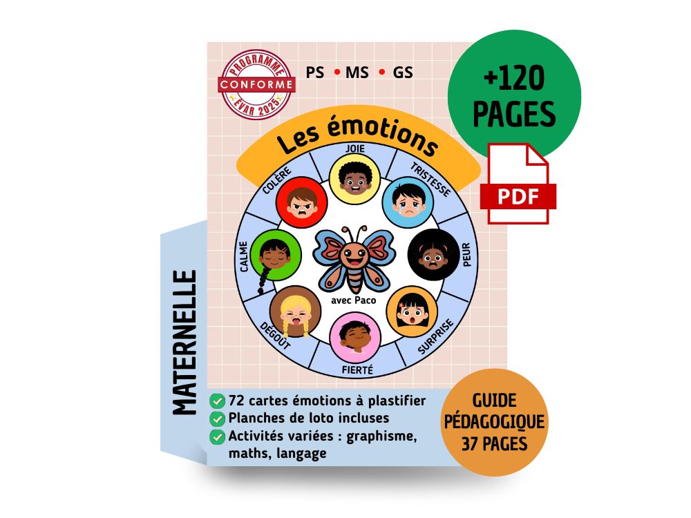 Couverture du dossier pédagogique sur les émotions pour maternelle avec Paco le papillon, comprenant plus de 120 pages d'activités.