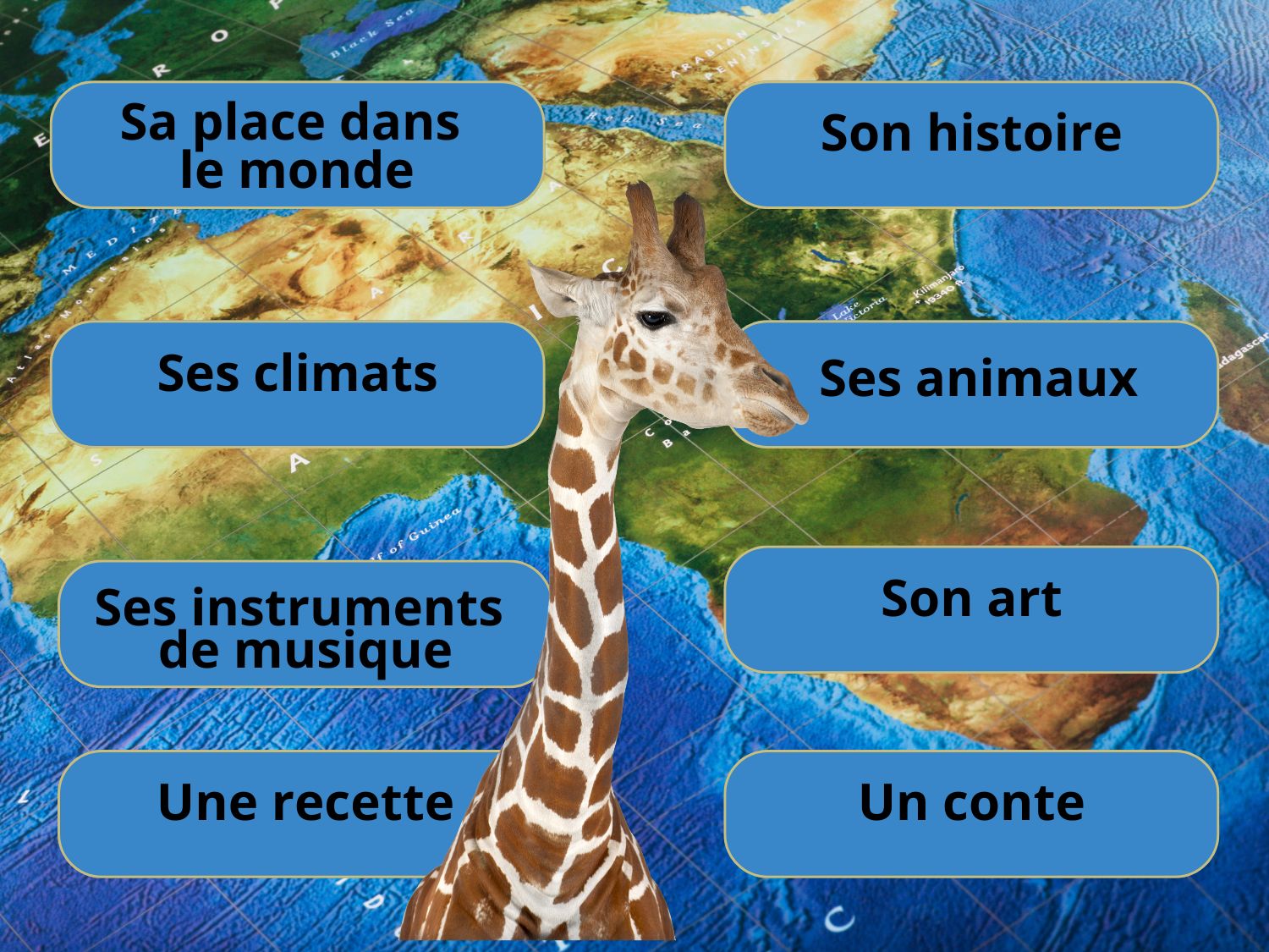 Sommaire illustré avec une girafe présentant les climats, animaux, art et recettes d'Afrique.