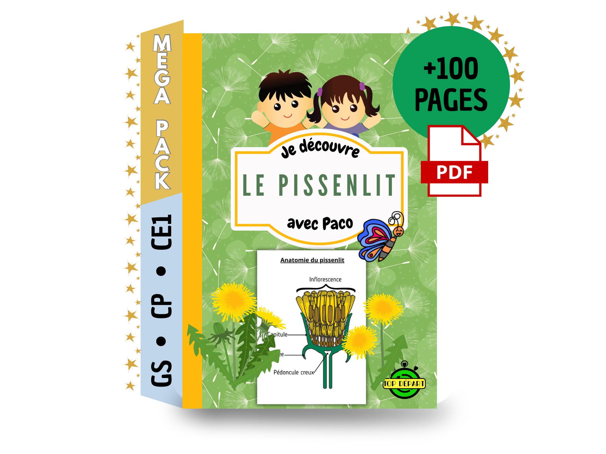 Couverture du méga pack pédagogique "Je découvre le pissenlit avec Paco" pour niveaux GS, CP et CE1.