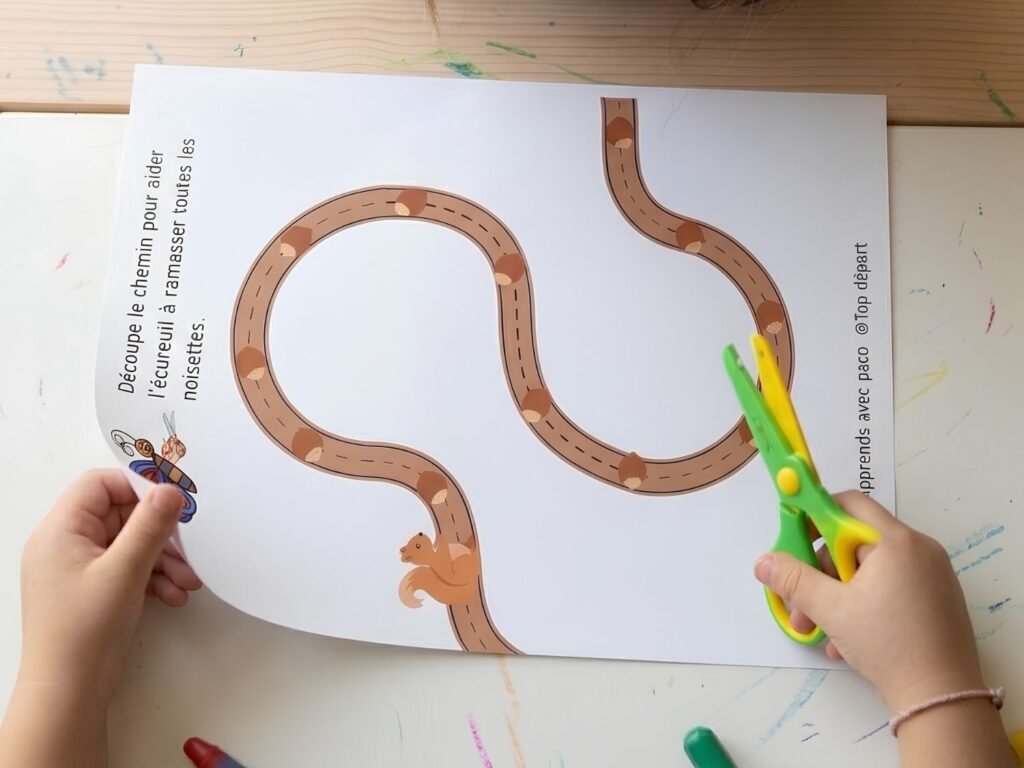 Mains d'enfant guidant des ciseaux le long d'un chemin sinueux imprimé pour aider un écureuil à ramasser des noisettes.