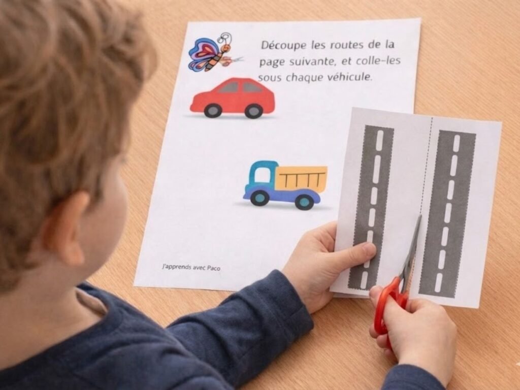 Enfant découpant soigneusement une bande de route le long des pointillés pour la coller sous un camion et une voiture.