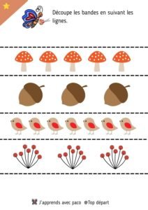 Fiche d'apprentissage du découpage représentant des bandes horizontales en pointillés séparant des motifs d'automne comme des champignons et des glands.