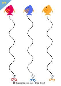Fiche d'apprentissage à imprimer montrant trois lignes ondulées en pointillés reliant des ciseaux à des poissons colorés.