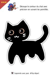 Fiche d'exercice de découpage représentant la silhouette d'un chat noir entourée de pointillés de précision.