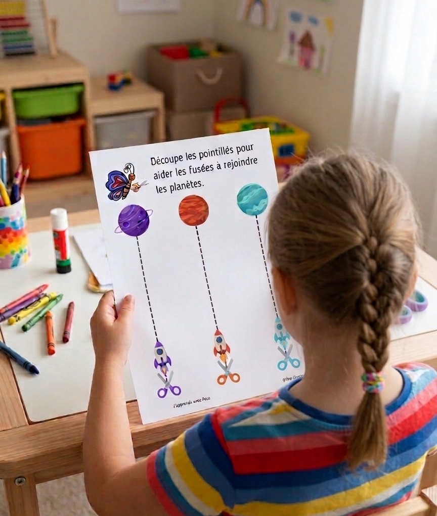 Vue de dos d'une petite fille de 5 ans assise à son bureau, tenant une feuille d'exercice de découpage sur le thème de l'espace avec des planètes.