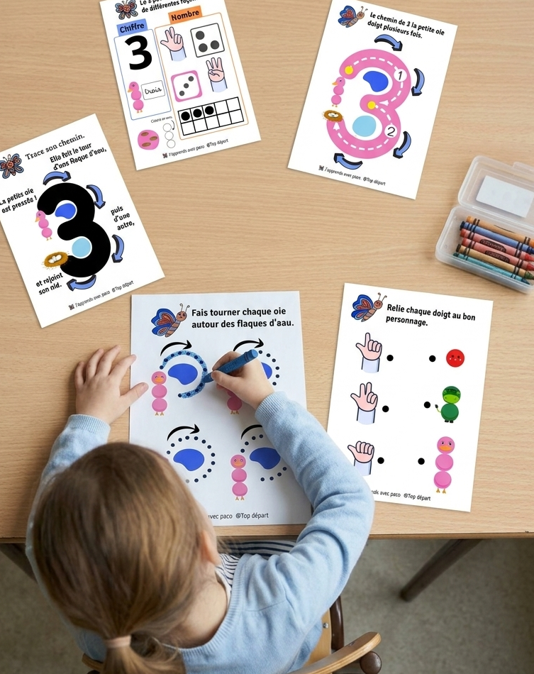 Petite fille assise à un bureau d'école pratiquant l'écriture du chiffre 3 avec des fiches pédagogiques illustrées de l'oie Paco et de papillons.