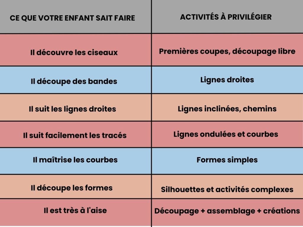 Tableau synthétique reliant les compétences actuelles de l'enfant aux activités de découpage adaptées à lui proposer.