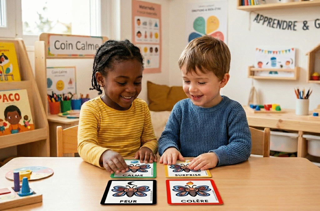 deux enfants complices et souriant utilisant des cartes d'activités ludiques