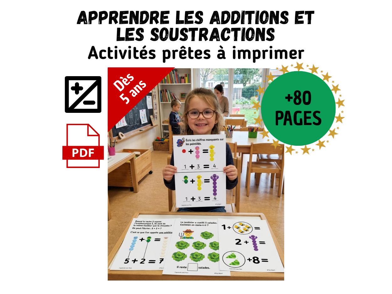Enfant souriante montrant une fiche d'exercice d'addition avec des personnages colorés.