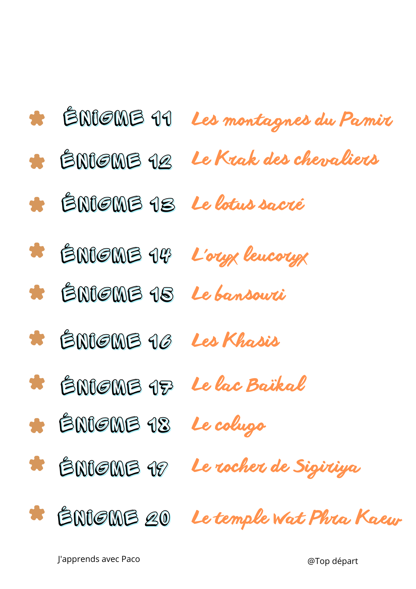 Sommaire des énigmes 11 à 20 du fichier Asie avec le Lac Baïkal, le Lotus sacré, l'Oryx leucoryx, le temple Wat Phra Kaew et le rocher de Sigiriya.