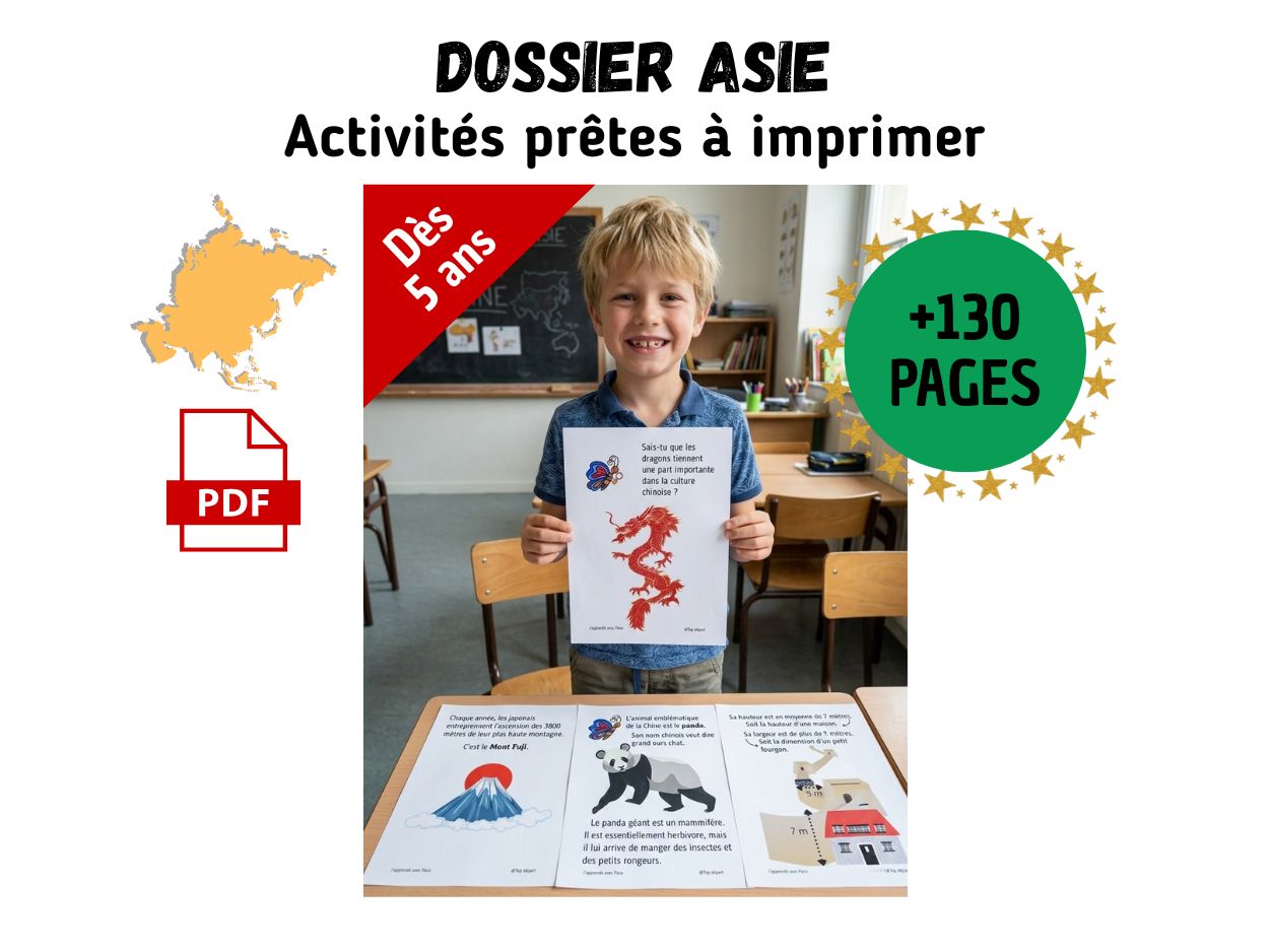 Enfant souriant présentant un dossier pédagogique sur l'Asie avec des fiches sur le dragon chinois, le panda et le Mont Fuji.