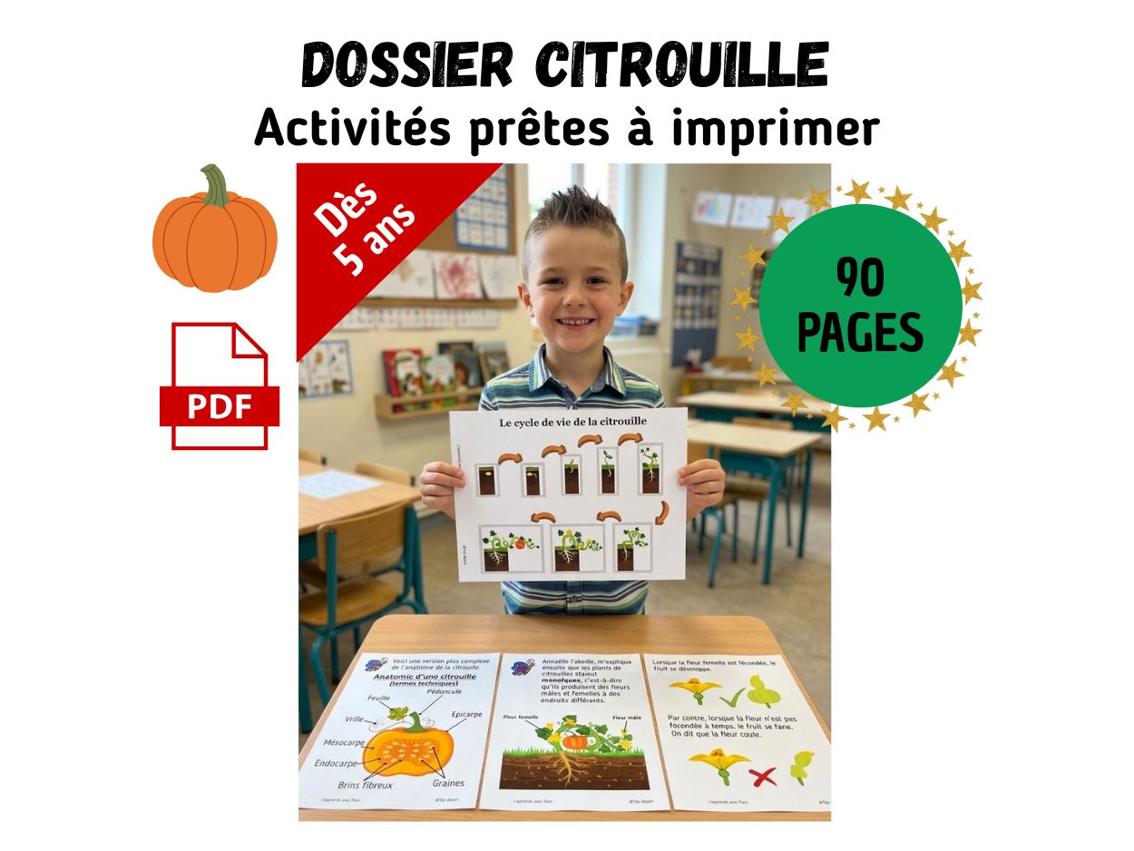 Enfant souriant présentant un dossier pédagogique de 90 pages sur le cycle de vie de la citrouille pour les enfants dès 5 ans.